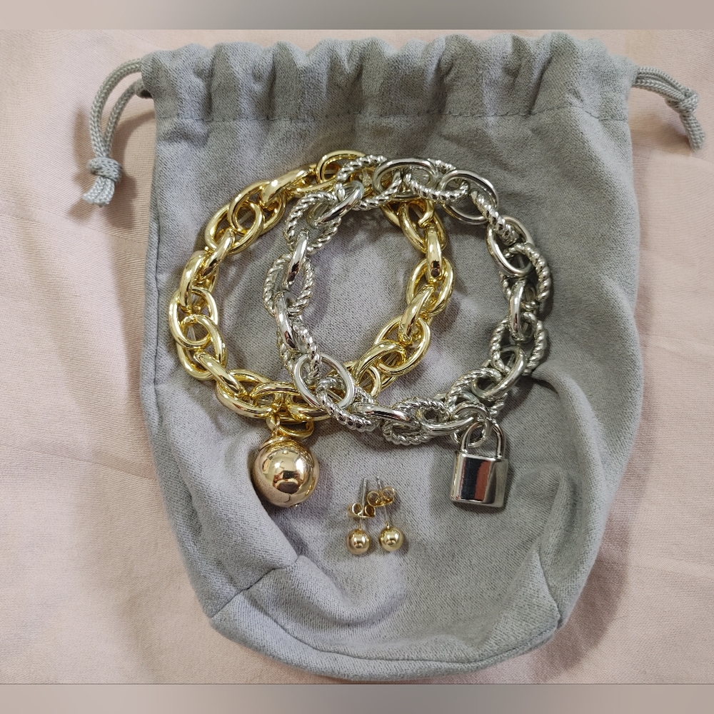 R.J. Graziano 2 Piece Elastic Braclet Set with Stud Earrings